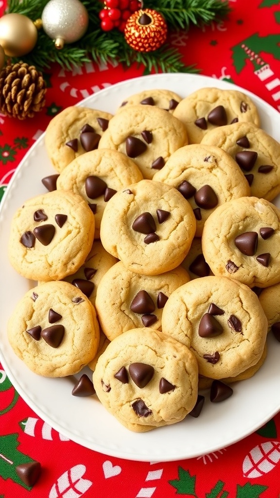Healthy Christmas Baking Recipes A colorful display of healthy Christmas cookies on a festive table, featuring almond flour cookies with chocolate chips.